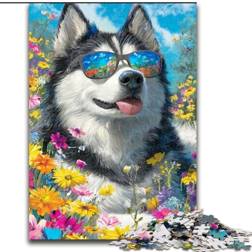 Puzzle für Erwachsene, 1000 Teile, Huskies und Blumen, Spielzeug, Lernspiele, Stressabbau, einzigartige Heimdekoration und Geschenke (Größe 26x38cm) von MLADSOEHK