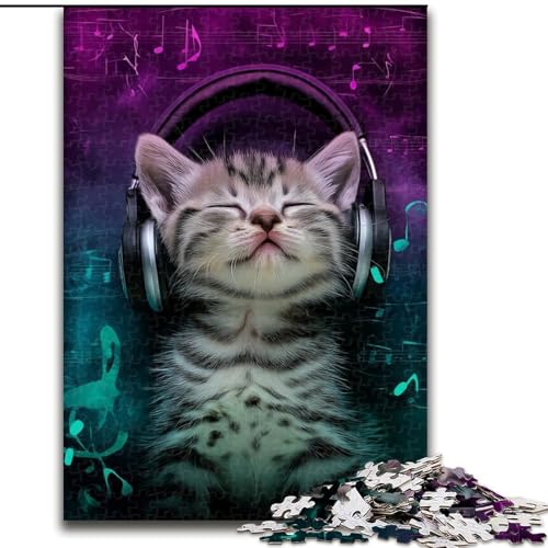 Puzzle für Erwachsene, 1000 Teile, Kätzchen mit Kopfhörern, für Kinder ab 14 Jahren, Lernspiel, Herausforderung, Spielzeug, Geschenk zum Geburtstag (Größe 26x38cm) von MLADSOEHK