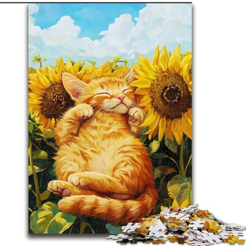Puzzle für Erwachsene, 1000 Teile, Katze schläft im Sonnenblumenfeld, für Kinder ab 14 Jahren, Heimdekoration als Geschenk für die ganze Familie und Freunde (Größe 50x75cm) von MLADSOEHK