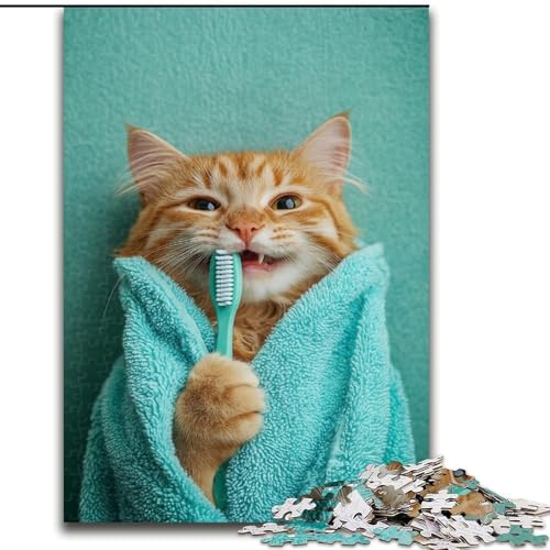 Puzzle für Teenager, 1000 Puzzles, Katze beim Zähneputzen, Lernspielzeug, einzigartige Geburtstags- und Geschenkideen für Kinder ab 14 Jahren (Größe 50x75cm) von MLADSOEHK