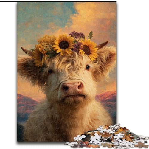Puzzle für Teenager, 1000 Teile, Hochlandkühe und Sonnenblumen, Familienunterhaltungsspielzeug, ganze Familie, ab 14 Jahren (Größe 26x38cm) von MLADSOEHK