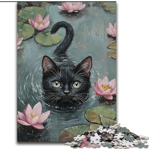 Puzzle für Teenager, 1000 Teile, Schwarze Katze und Lotus, Familienunterhaltungsspielzeug, ganze Familie, ab 14 Jahren (Größe 50x75cm) von MLADSOEHK