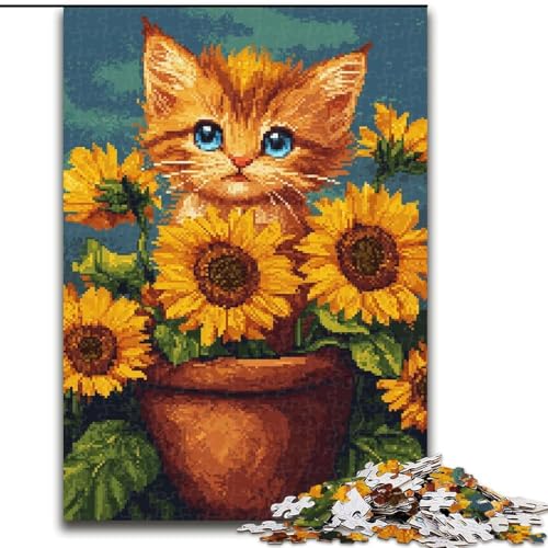 Puzzle für Teenager, 1000 Teile, Sonnenblumen-Orange-Katze, Spiele, Spielzeug, Geschenk, einzigartige Geburtstags- und Geschenkideen für Kinder ab 14 Jahren (Größe 26x38cm) von MLADSOEHK