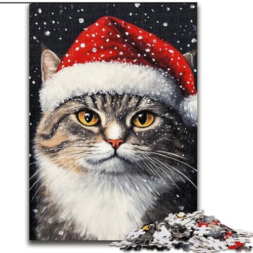 Puzzle für Teenager, 1000 Teile, Weihnachtsmannmütze und Katze, Familienunterhaltungsspielzeug, ganze Familie, ab 14 Jahren (Größe 26x38cm) von MLADSOEHK