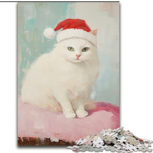 Puzzle für Teenager, 1000 Teile, weiße Katze mit Weihnachtsmütze, Spielzeug, Lernspiele, Stressabbau, Eltern-Kind-Interaktion (Größe 50x75cm) von MLADSOEHK