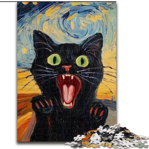 Puzzle mit 1000 Teilen für Teenager, überraschte Schwarze Katze, herausfordernd und schwierig mit vollständig ineinandergreifenden, zufällig geformten Teilen (Größe 26x38cm) von MLADSOEHK