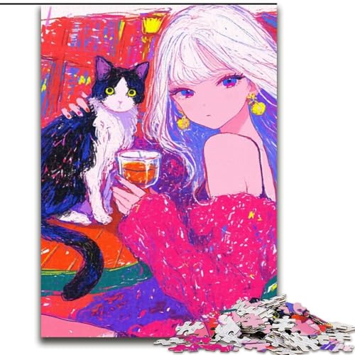 Puzzles für Teenager, 1000 Teile, Mädchen und Katze, für Lernspiele, Herausforderungsspielzeug, einzigartige Heimdekoration und Geschenke (Größe 26x38cm) von MLADSOEHK