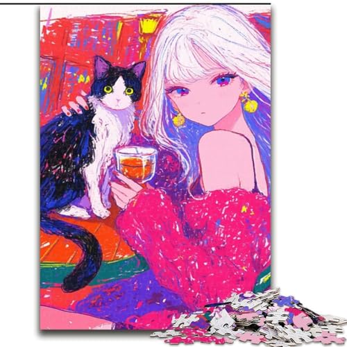 Puzzles für Teenager, 1000 Teile, Mädchen und Katze, für Lernspiele, Herausforderungsspielzeug, einzigartige Heimdekoration und Geschenke (Größe 50x75cm) von MLADSOEHK