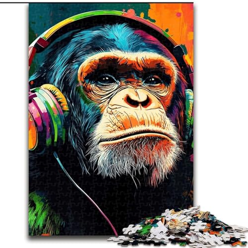 Puzzles für Teenager, 1000 Teile, Schimpanse mit Kopfhörern, für Lernspiele, Herausforderungsspielzeug, einzigartige Heimdekoration und Geschenke (Größe 26x38cm) von MLADSOEHK