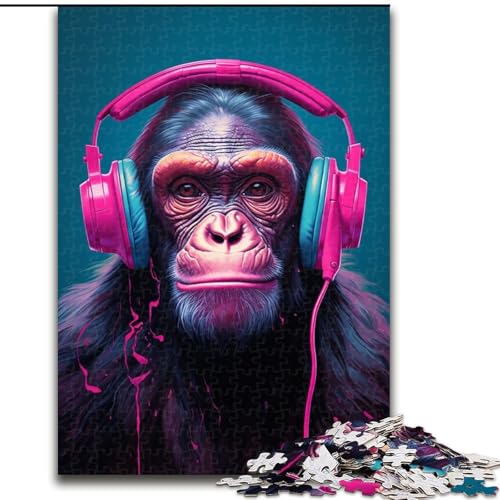 Puzzles für Teenager, 1000-teiliges Puzzle Schimpanse mit Kopfhörern, Spiele, Spielzeug, Geschenk, einzigartige Geburtstags- und Geschenkideen für Kinder ab 14 Jahren (Größe 50x75cm) von MLADSOEHK