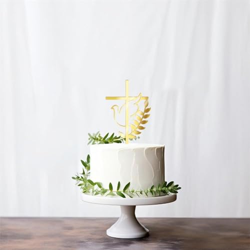 3 Stück Spiegel-Acryl-Kuchenaufsatz mit goldenem Tauben-Kreuz-Kuchenaufsatz für die Taufe, religiöse Dekorationen, Kuchen, Torten, Kommunionskuchen von MLEHN