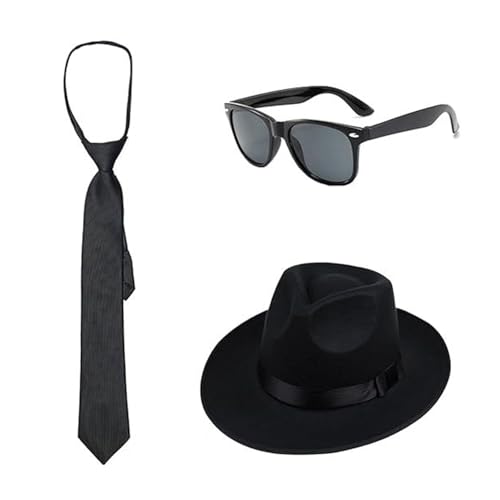 MLWSKERTY 3pcs 1920er Herren Kostüm Gangster Kostümzubehör Set 20S Fedoras Hat Hals Krawatte Sonnenbrille Halloween Cosplay Kostüme von MLWSKERTY