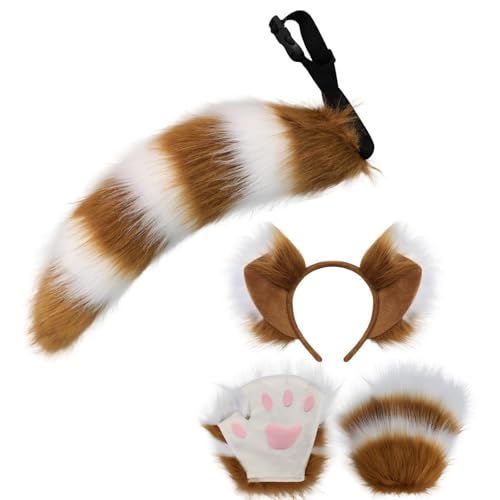 MLWSKERTY 3pcs Tierkleid Kostüm Halloween Foxes Kostüm Enthält Plüschohren Kopfband Schwanzhandschuhe Für Kid Adult Cosplay von MLWSKERTY