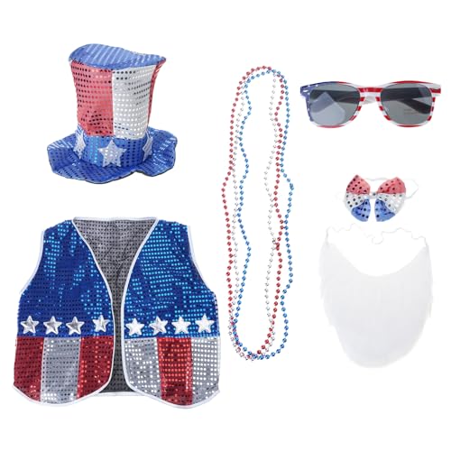 MLWSKERTY 6 Pieces 4. Juli Celebration Kostüm Set Mit US Flaggen Mit Vest Brille Und Bart Bowtie Für Partys National Holiday Dressingup von MLWSKERTY
