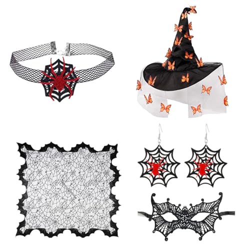 MLWSKERTY Frauen Witch Kostüm Hexenhut Augenmaske Choker Halskette Ohrringe Für Frauen Maskerade Halloween Witch Cosplay Accessoires von MLWSKERTY