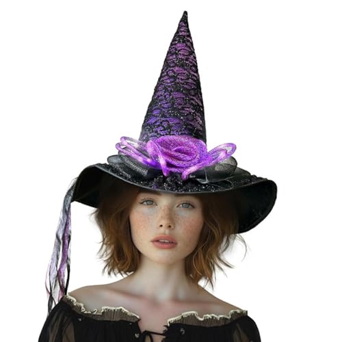 MLWSKERTY Halloween Hexenhut Blumenzauberer Kappen Für Frauen Mädchen Zauberer Cosplay Kostümzubehör Leuchten Spitze Hutgeschenke von MLWSKERTY