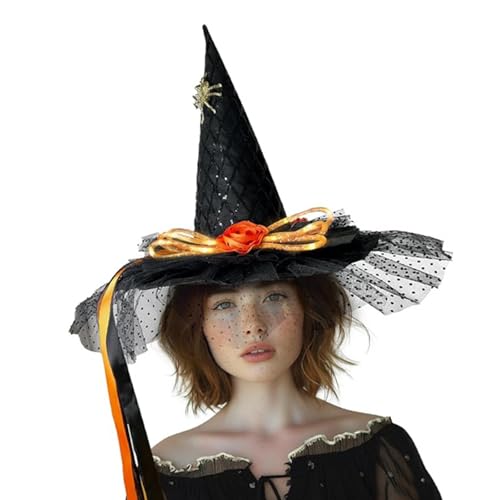 MLWSKERTY Halloween Hexenhut Blumenzauberer Kappen Für Frauen Mädchen Zauberer Cosplay Kostümzubehör Leuchten Spitze Hutgeschenke von MLWSKERTY