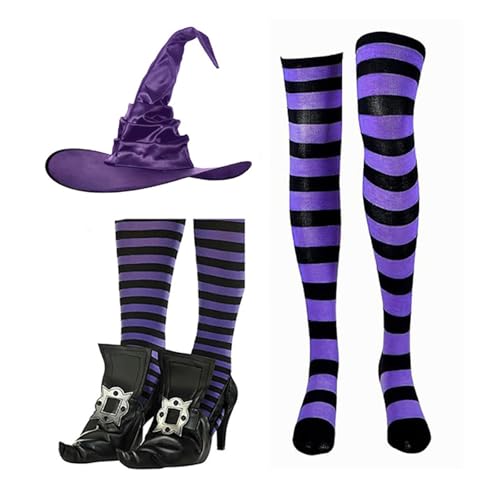 MLWSKERTY Halloween Witch Kostüm Set Mit Hexenhut Hexenschuharm Und Gestreiften Strümpfe Für Frauen Cosplay Party Carnivals von MLWSKERTY