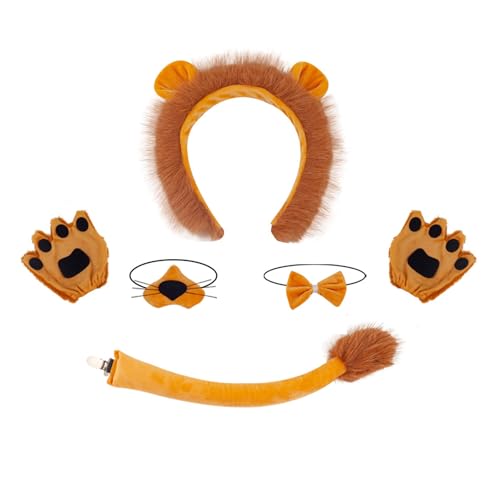 MLWSKERTY Kinder Tierkostüm Set Stirnband Bowtie Animal Paws Handschuhe Plüsch Heck Tierkleid Accessoires Für Halloween Cosplay von MLWSKERTY