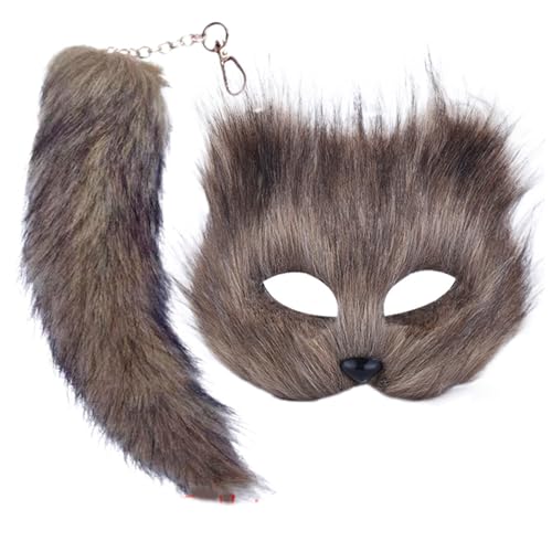 MLWSKERTY Maske Und Schwanz Für Frauen Mädchen Fuzzy Cats Füchse Wolf Maske Schwanz Keychain Cosplays Halloween Kostüm von MLWSKERTY