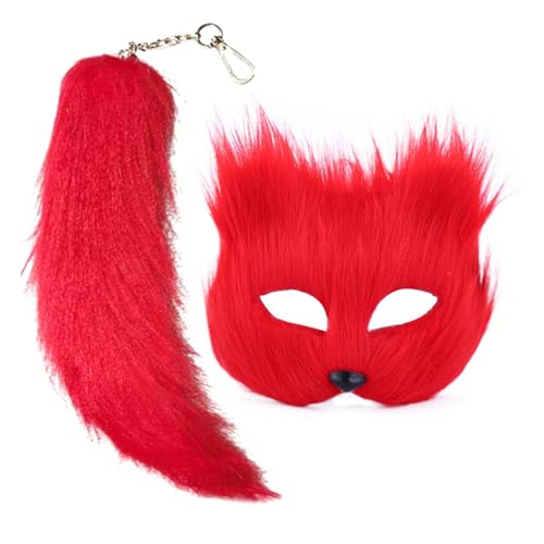 MLWSKERTY Maske Und Schwanz Für Frauen Mädchen Fuzzy Cats Füchse Wolf Maske Schwanz Keychain Cosplays Halloween Kostüm von MLWSKERTY