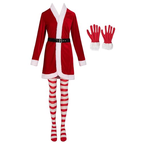MLWSKERTY Santa Kostüm Set Velvets Kleid Mit Gürtel Frauen Gestreifte Strumpfhosen Handschuhe Gürtel Set Cosplay Santa Anzug Weihnachtsfeier Kleidung von MLWSKERTY