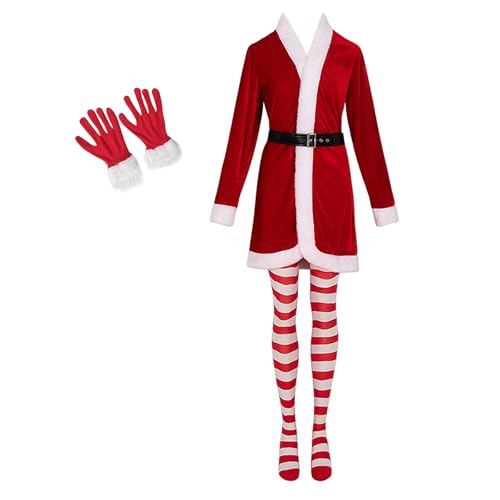 MLWSKERTY Santa Kostüm Set Velvets Kleid Mit Gürtel Frauen Gestreifte Strumpfhosen Handschuhe Gürtel Set Cosplay Santa Anzug Weihnachtsfeier Kleidung von MLWSKERTY