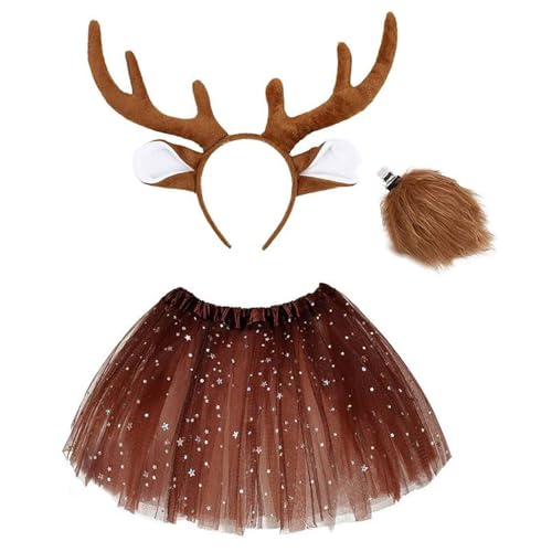 MLWSKERTY Weihnachtshirschkostüm Für Frauen Mädchen Weihnachten Hirsch Ohrstirnband Hirsch Heck Nase Rock Halloween Amimal Outfit Accessoire von MLWSKERTY
