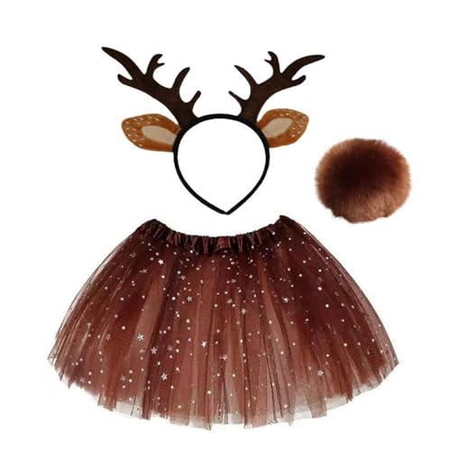 MLWSKERTY Weihnachtshirschkostüm Für Frauen Mädchen Weihnachten Hirsch Ohrstirnband Hirsch Heck Nase Rock Halloween Amimal Outfit Accessoire von MLWSKERTY