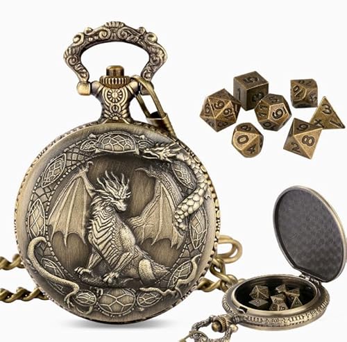 7-teiliges Metallsatz Würfel-Set, perfekt für Rollenspiel Würfel Set, einzigartiges Drachenbronze-Design, Mini-Uhrbox für praktische Aufbewahrung (Fliegende Drachen Würfel) von MLZTINGR