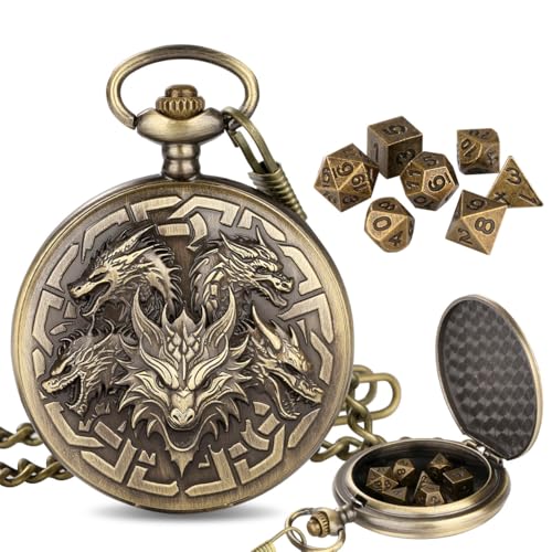 7-teiliges Metallsatz Würfel-Set, perfekt für Rollenspiel Würfel Set, einzigartiges Drachenbronze-Design, Mini-Uhrbox für praktische Aufbewahrung (Reliefdrache) von MLZTINGR