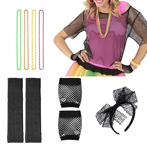 MLqkpwy 80er Jahre Kostüme für Mädchen, 80er Jahre Outfits für Mädchen der 80er Jahre, 1980er Jahre Accessoires Outfit – Set mit Handschuhen für Ballhalskette, Ballverkleidung, Zubehör von MLqkpwy