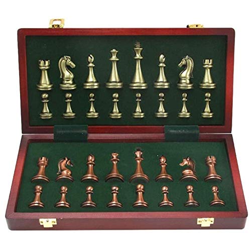 Großes Deluxe-Schach-Retro-Kupfer-Legierung Schach Erwachsene Set Brettspiel Tragbare Holzkiste Aufbewahrung Faltschach Set Puzzle Unterhaltung Partyspiel von MMFGFDSAJKYGD