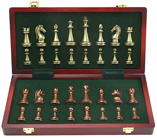 Großes Deluxe-Schach-Set aus Metall, Retro, kupferbeschichtet, Legierung, für Erwachsene, Brettspiel, tragbare Holzbox, Aufbewahrung, faltbares Schach-Set (Puzzle, Unterhaltungsparty) von MMFGFDSAJKYGD