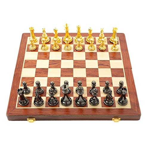 Schach Faltbares Holzschachset Metall glänzend gold schwarz Schachfiguren Schachbrett hochwertig mit internem Aufbewahrungsset Schachset (39,5 cm) von MMFGFDSAJKYGD