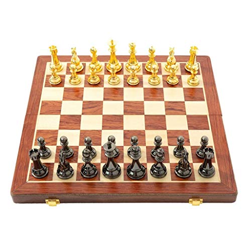 Schach Faltbares Holzschachset Metall glänzend gold schwarz Schachfiguren Schachbrett hochwertig mit internem Aufbewahrungsset Schachset (39,5 cm) von MMFGFDSAJKYGD