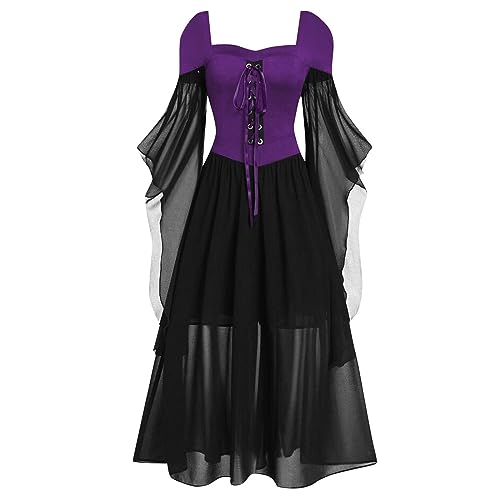 MNSWR Karneval Kette, Schneekönigin Kostüm Damen Hexen Kleid Königlicher Vampir Kostüm Kleid Mädchen Mittelalter Vintage Renaissance-Rock Schwarzer Langer Rock Damen Downdrift Karneval(C-Lila,L) von MNSWR