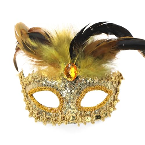 MNSWR Karneval Maske Gesicht Verkleidung,Damen Maskenball mit Federmaske Venezianische Maske Damen Spitze Masken Ball Maske Aus Spitze,Karneval Prom Party High-End Pailletten Federn und Diamanten Halb von MNSWR