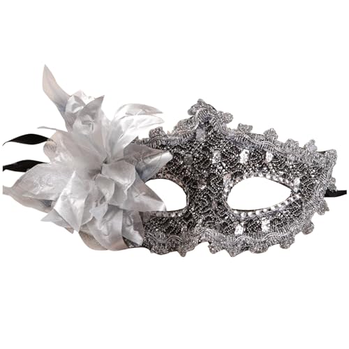 MNSWR Karneval Maskenball Masken,Maskenball Masken Venezianische Maskerade Masken Damen,Damen Fashion Masken High-End Strass Leder Masken Lilie Seite plus Blume Ball Masken,Silber von MNSWR