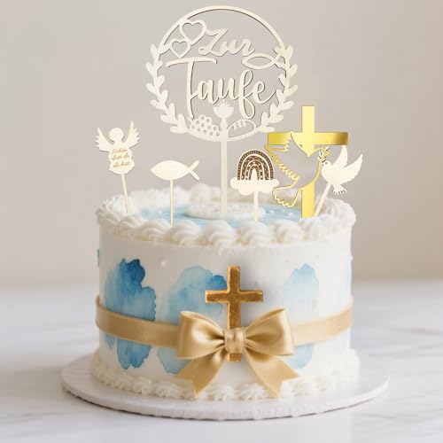 6er Set Taufe Tortendeko, Cake Topper Taufe Holz, Tortendeko Taufe Mädchen Junge, Tortenaufleger Taufe Holz, Taufe Deko Torte, Personalisierbare Kuchen Deko für Taufparty, Firmung und Konfirmation von MOAZIFI