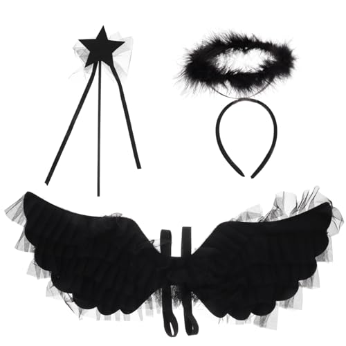 MOBUTOFU Engelsflügel Deko Engelsflügel Kostü Set Für Erwachsene Schwarze Federflügel Für Karneval Halloween Cosplay Dekorative Für Ädchen Damen 3 Teiliges Set von MOBUTOFU