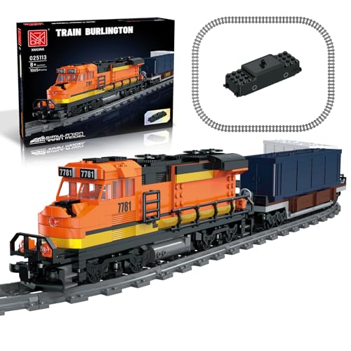 Güterzug Bausteine Zug, Burlington Eisenbahn bausatz, mit wiederaufladbarem, motorisierten Arbeitskopf, 2 Waggons, Geschenk für Jungen und Mädchen im Alter von 12–16 Jahren (1065 Teile) von MOCBROPCS