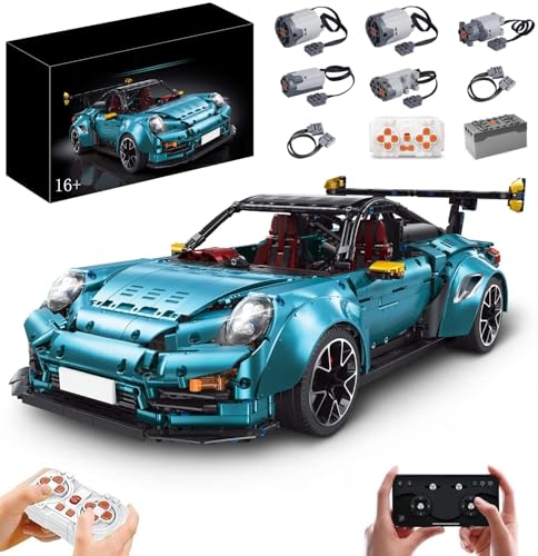 MOCSETS Technik Auto Porschor GT2RS, Mit 5Motoren Set, Modellauto-Bausatz im Maßstab 1:8, Klemmbausteine Rennwagen MOC Modellbausatz aus 3389+ Teile (Blau mit Originalkarton) von MOCSETS