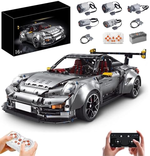 MOCSETS Technik Auto Porschor GT2RS, Mit 5Motoren Set, Modellauto-Bausatz im Maßstab 1:8, Klemmbausteine Rennwagen MOC Modellbausatz aus 3389+ Teile (Grau mit Originalkarton) von MOCSETS