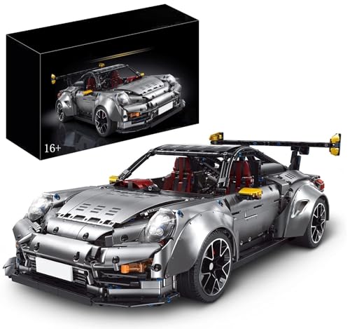 MOCSETS Technik Auto Porschor GT2RS, Modellauto-Bausatz im Maßstab 1:8, Klemmbausteine Rennwagen MOC Modellbausatz aus 3389+ Teile (Grau mit Originalkarton) von MOCSETS