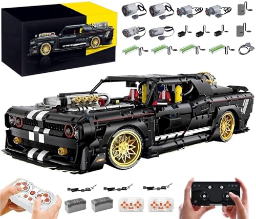 MOCSETS Technik Auto für Dodge Challenger, Mit 9Motoren Set, Modellauto-Bausatz im Maßstab 1:8, Klemmbausteine Auto Modellbausatz aus 3751+ Teile (Mit Originalkarton) von MOCSETS