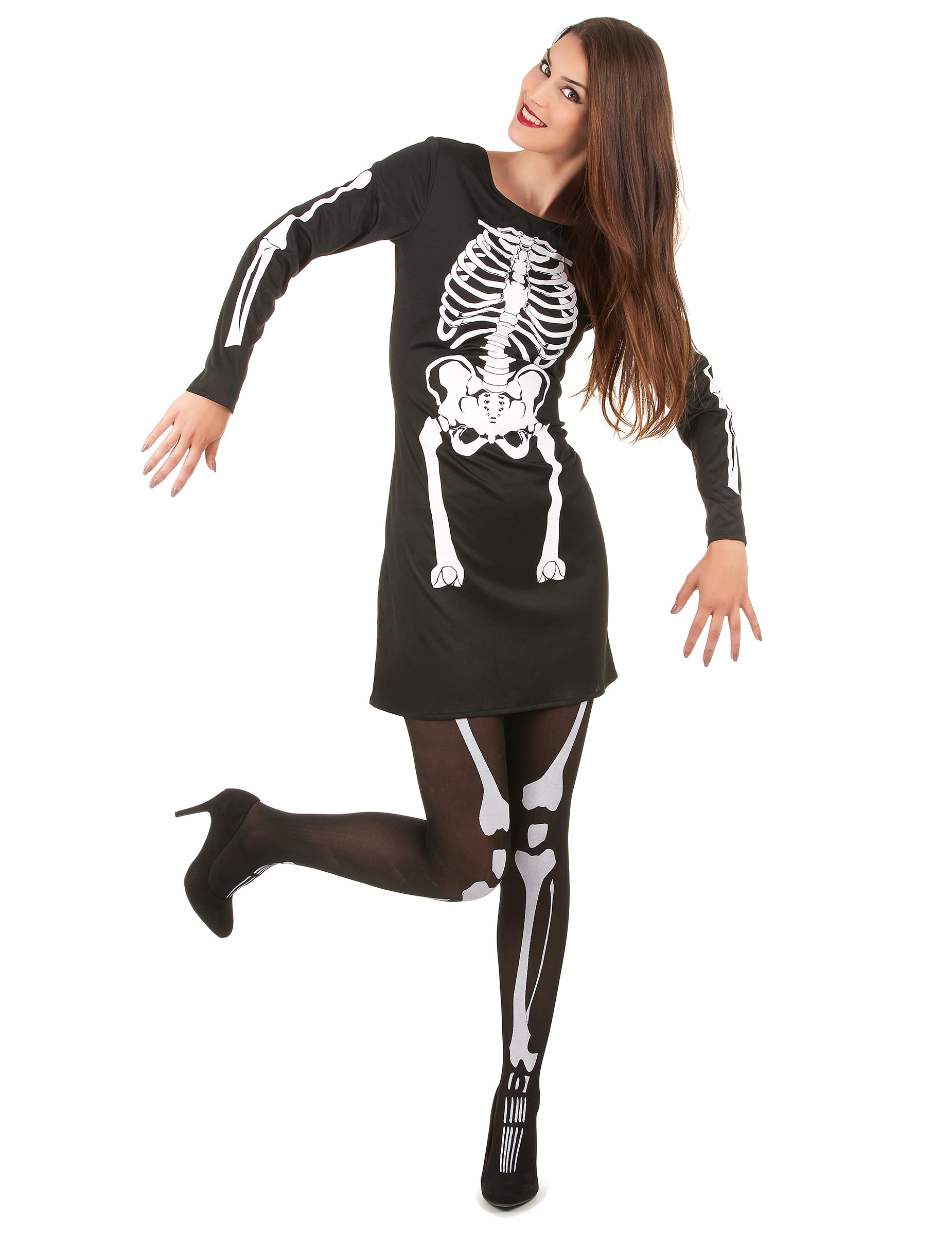Elegantes Skelett-Damenkostüm Halloween schwarz-weiss von KARNEVAL-MEGASTORE