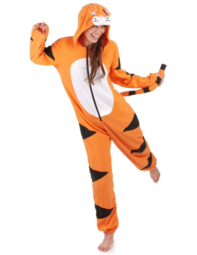 Tiger Onesie Damenkostüm Overall orange-schwarz von KARNEVAL-MEGASTORE