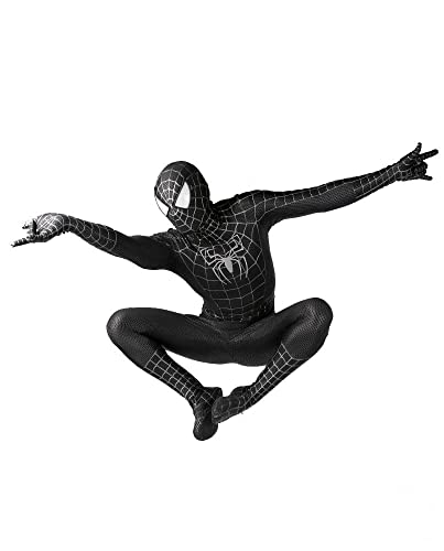 MODBE Schwarzes Spinnenkostüm für Jungen Kinder Erwachsene Superheld Cosplay Overall Halloween Rollenspiel Bodysuit 3D-druck Outfit Anzug mit 3D-linsenmaske (Color : A-Black, Size : Kids/145cm) von MODBE