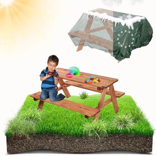 MODO24 Kindersitzgarnitur für 4, Picknicktisch für Kinder aus Kiefernholz, Outdoor Sitzgruppe mit 2 Bänken, Gartensitzgarnitur & Spielmöbel, Abm. 90x91x50 cm, Farbe: Braun (imprägniert), mit Abdeckung von MODO24
